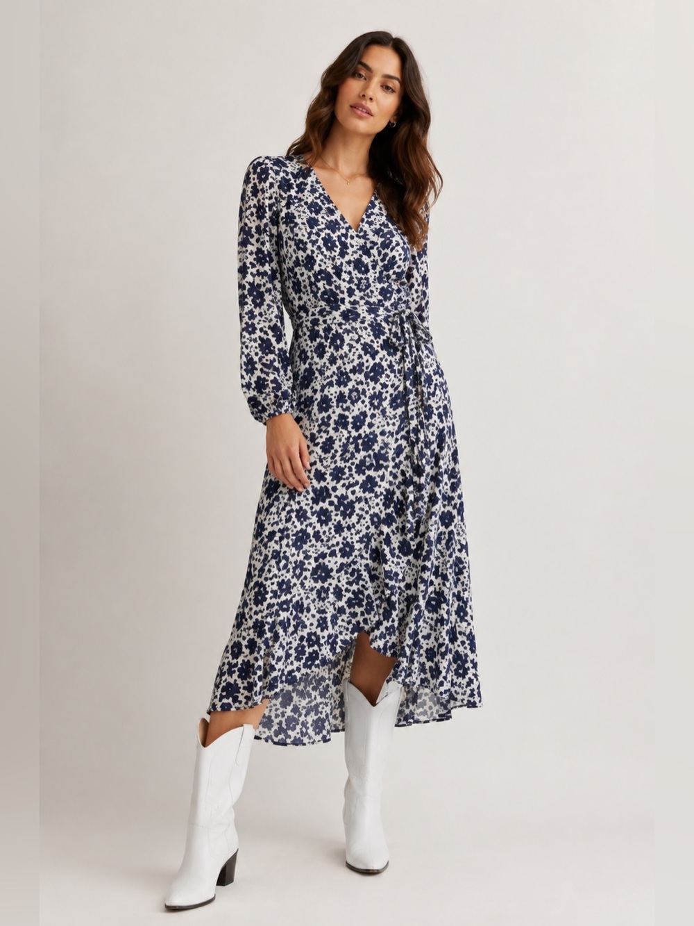 NEW Lucky Brand Karin silk wrap floral print dress navy blue white XS
